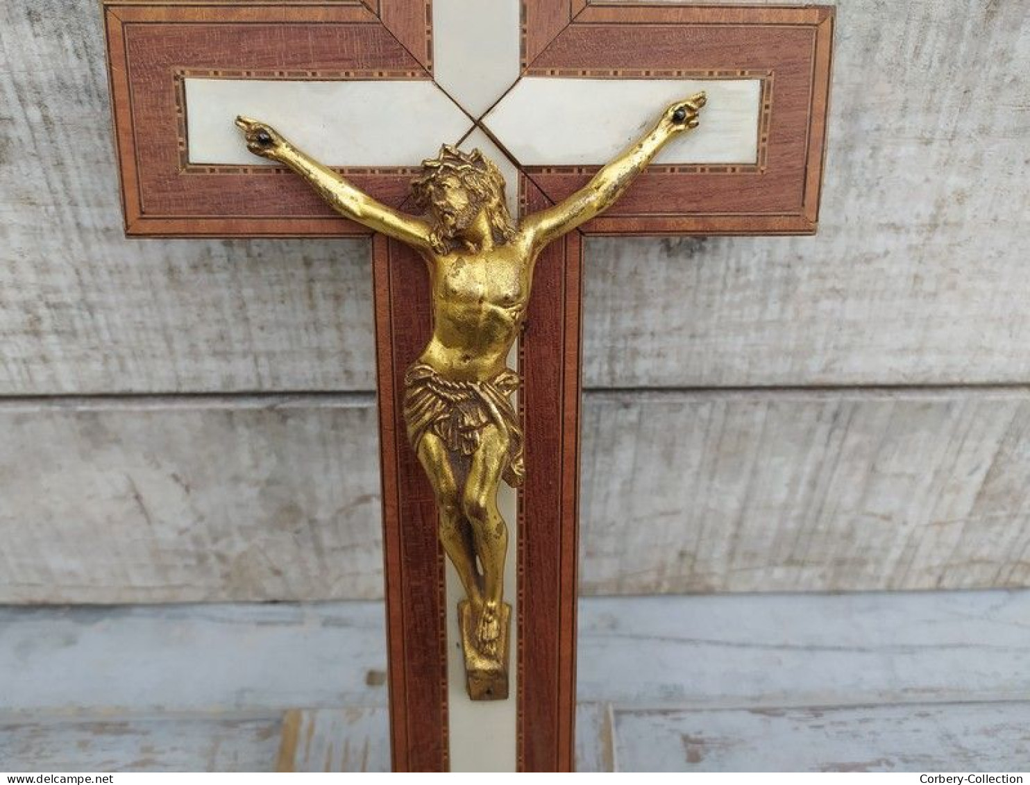 Ancien Croix Crucifix INRI Christ Bois Marqueterie - Art Religieux