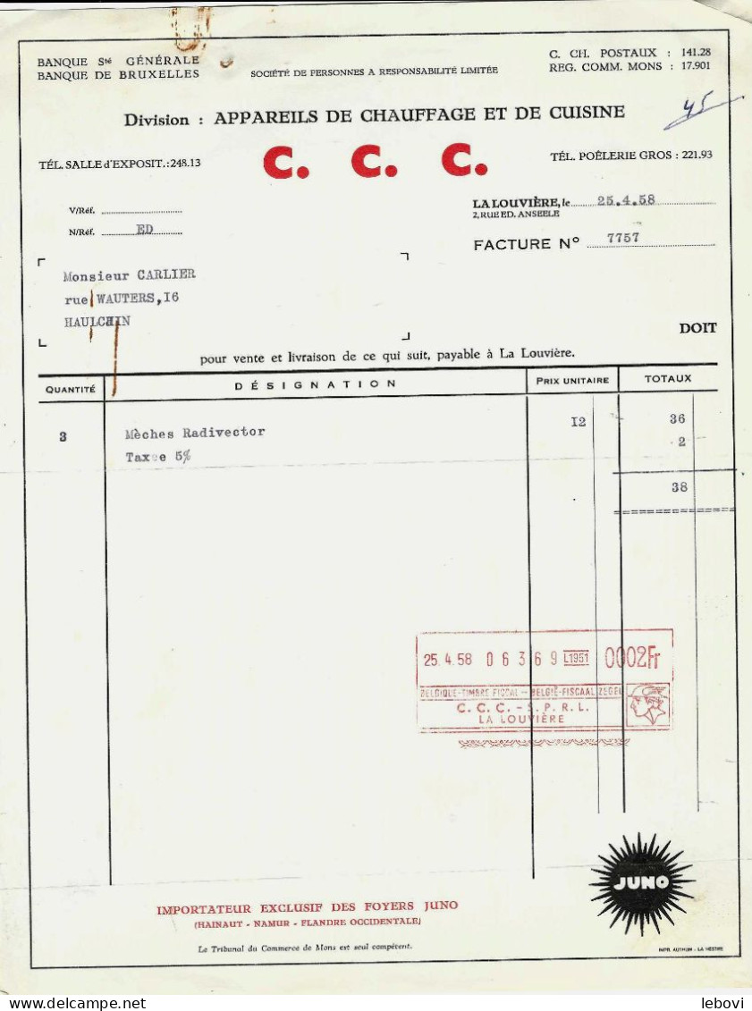 LA LOUVIERE - Ets C. C. C. :appareils De Chaufagge Et Cuisine :facture (1958) - 1950 - ...