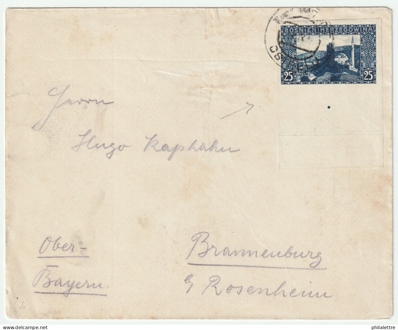 BOSNIE-HERZÉGOVINE / BOSNIA Ca.1910 Mi.36U Imperf. Marginal 25h On Cover OSTRELJ To BRANNENBURG, Bavaria - Bosnia And Herzegovina