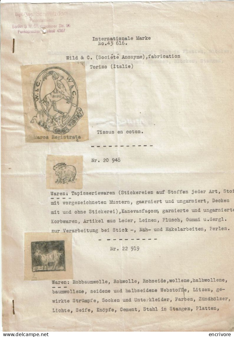 Lettre + 3 Dessins Sur Calque SCHMITZDORF BERLIN Fabrication WILD & CO Torino Turin Blanchisserie Teinturerie Thaon 1923 - 1900 – 1949