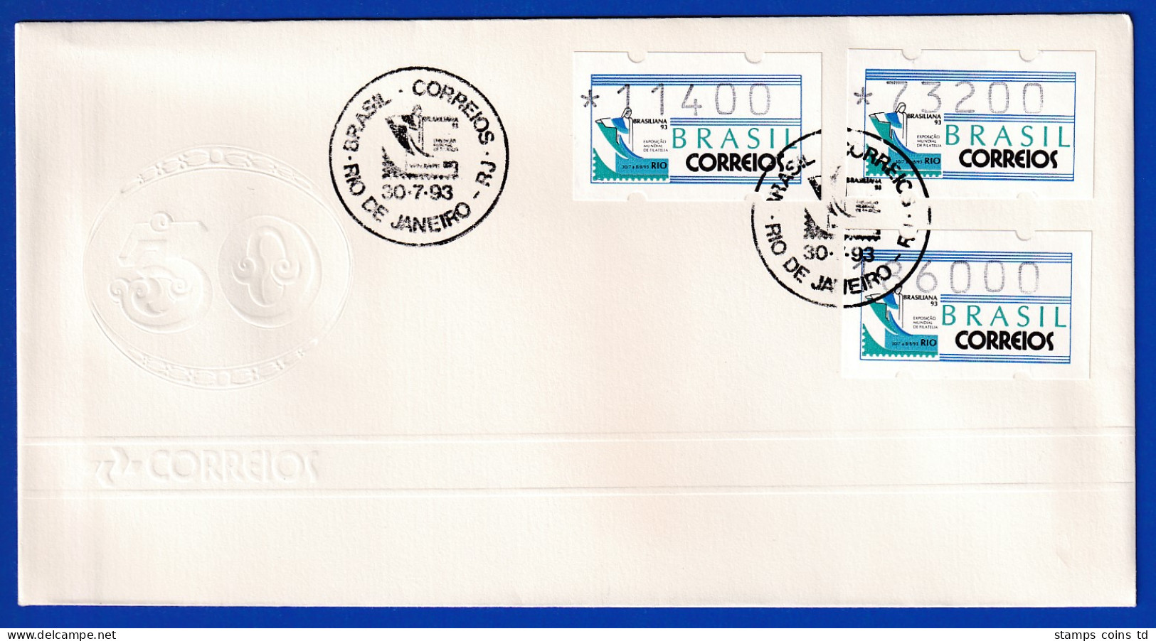 Brasilien ATM BRASILIANA'93 Satz 11400-73200-186000 Auf FDC Mit So-O 30.7.93 - Franking Labels