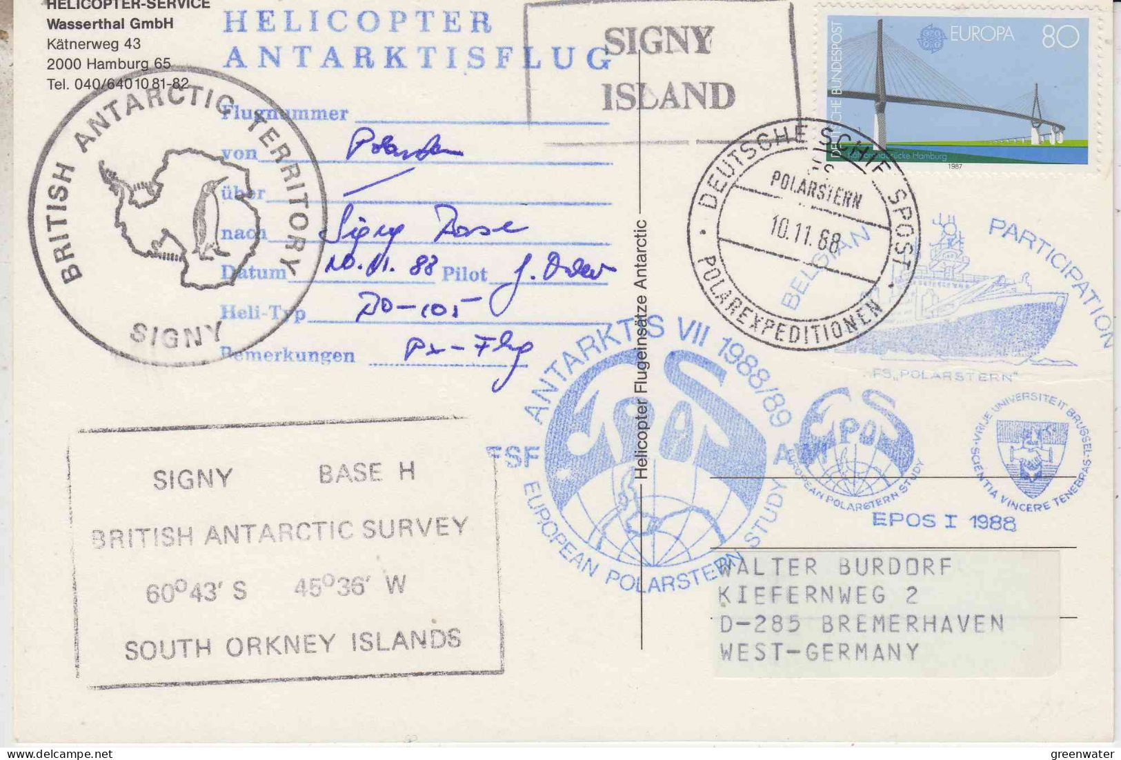 Germany Polarstern Postcard Antarctic Flight From Polarstern To Signy  10.11.1988  (PT161) - Poolvluchten