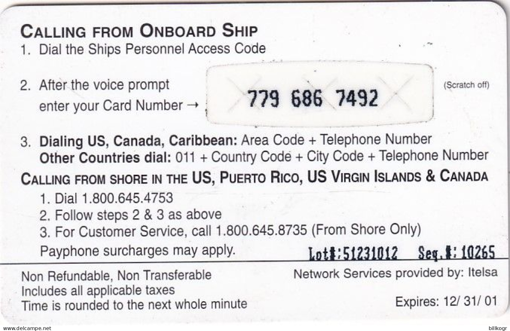 PUERTO RICO - Oceanphone By Itelsa Satellite Prepaid Card $20 Exp.date 31/12/01, Used - Puerto Rico