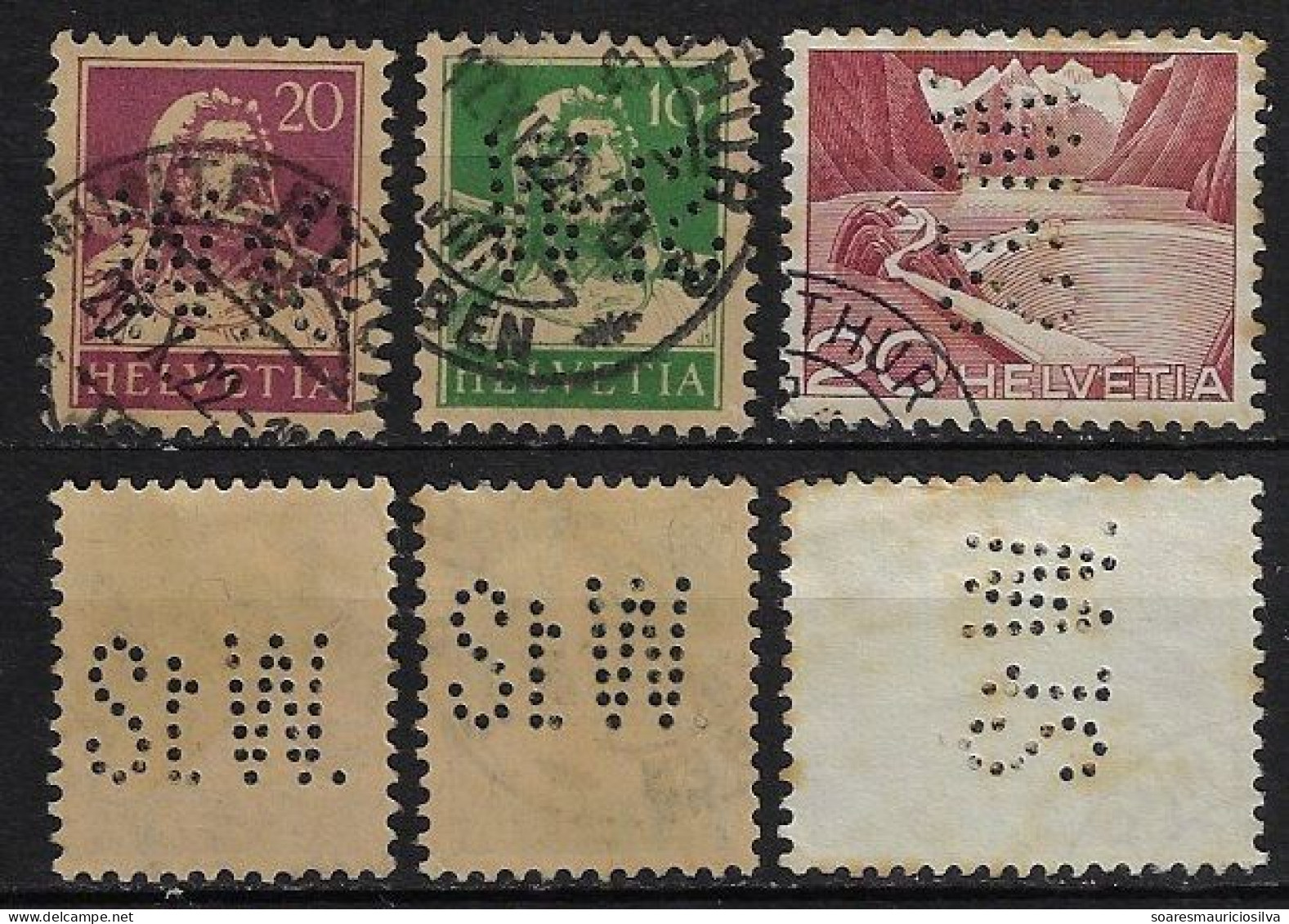 Switzerland 1913/1972 3 Stamp With Perfin StW. By Stadt Winterthur All City Offices And Companies Lochung Perfore - Perforés