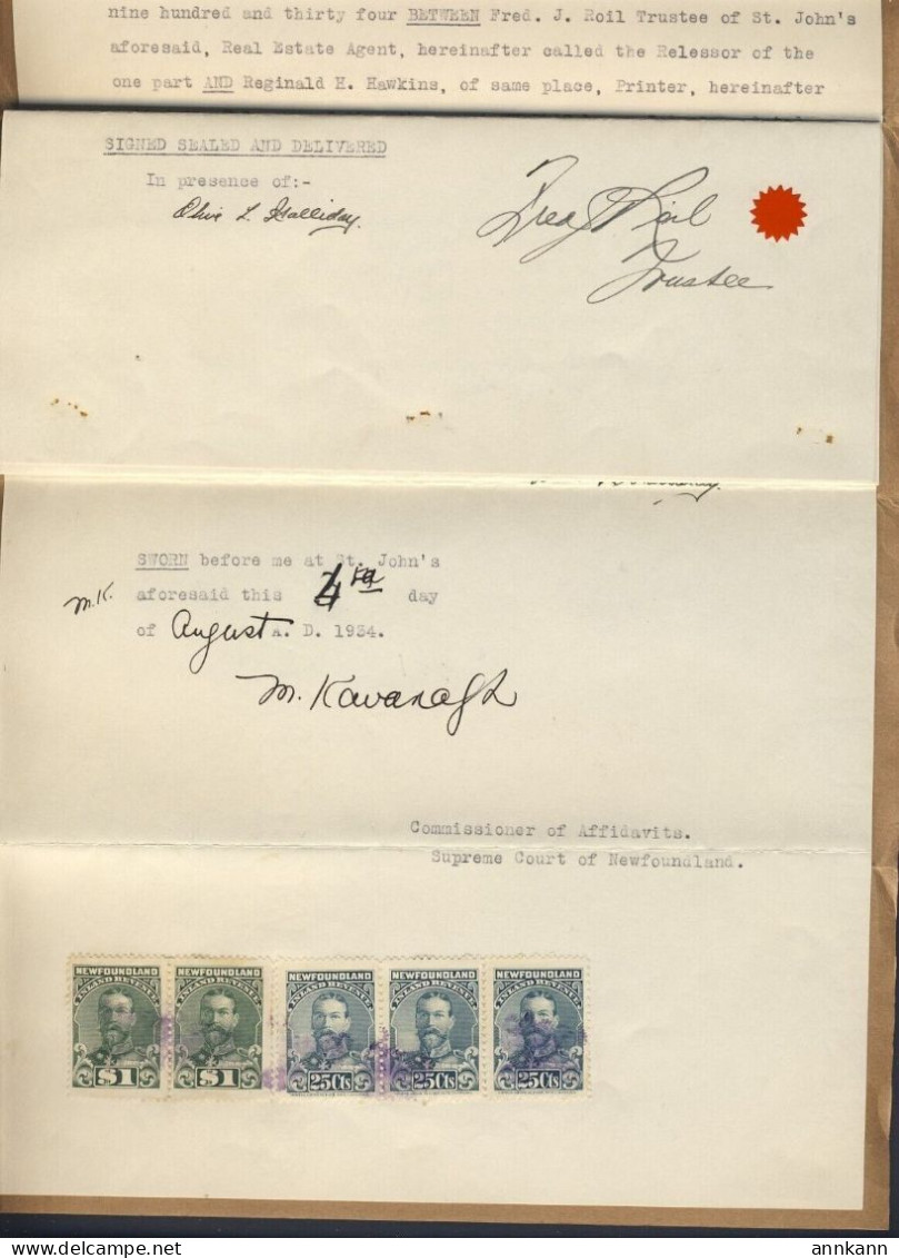 1934 Newfoundland Supreme Court Document W3x#NFR18-.25c & 2x#NFR25-$1.00 Stamp - Postal History