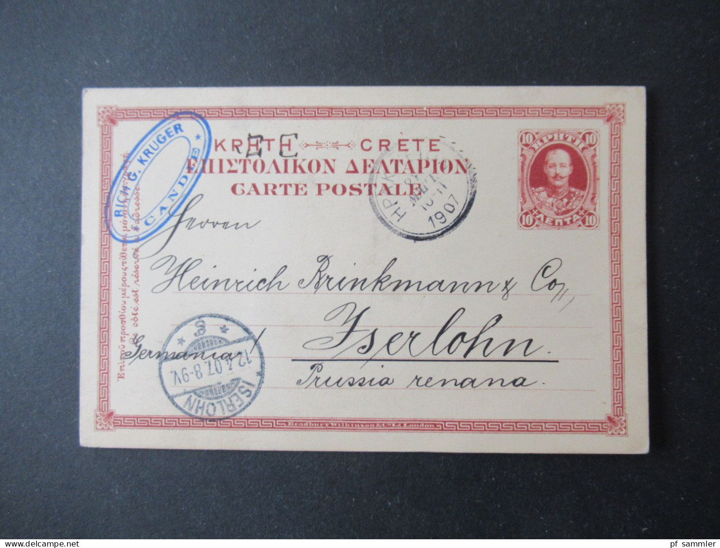 Griechenland Kreta 1907 Ganzsache P 1 Abs. Stempel Rich G. Kruger Candie Und Stempel Hpak... Nach Iserlohn Gesendet - Crète