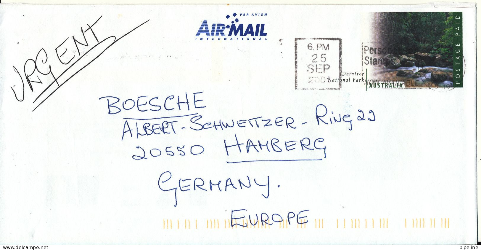 Australia Postal Stationery Air Mail Cover Sent To Germany 25-9-2001 - Ganzsachen