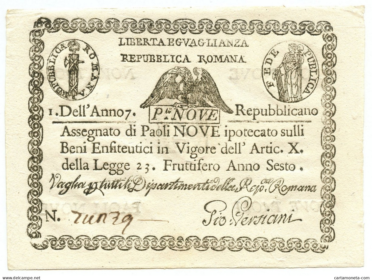 9 PAOLI ASSEGNATO STATO PONTIFICIO REPUBBLICA ROMANA DAL 09/09/1798 QFDS - Other & Unclassified