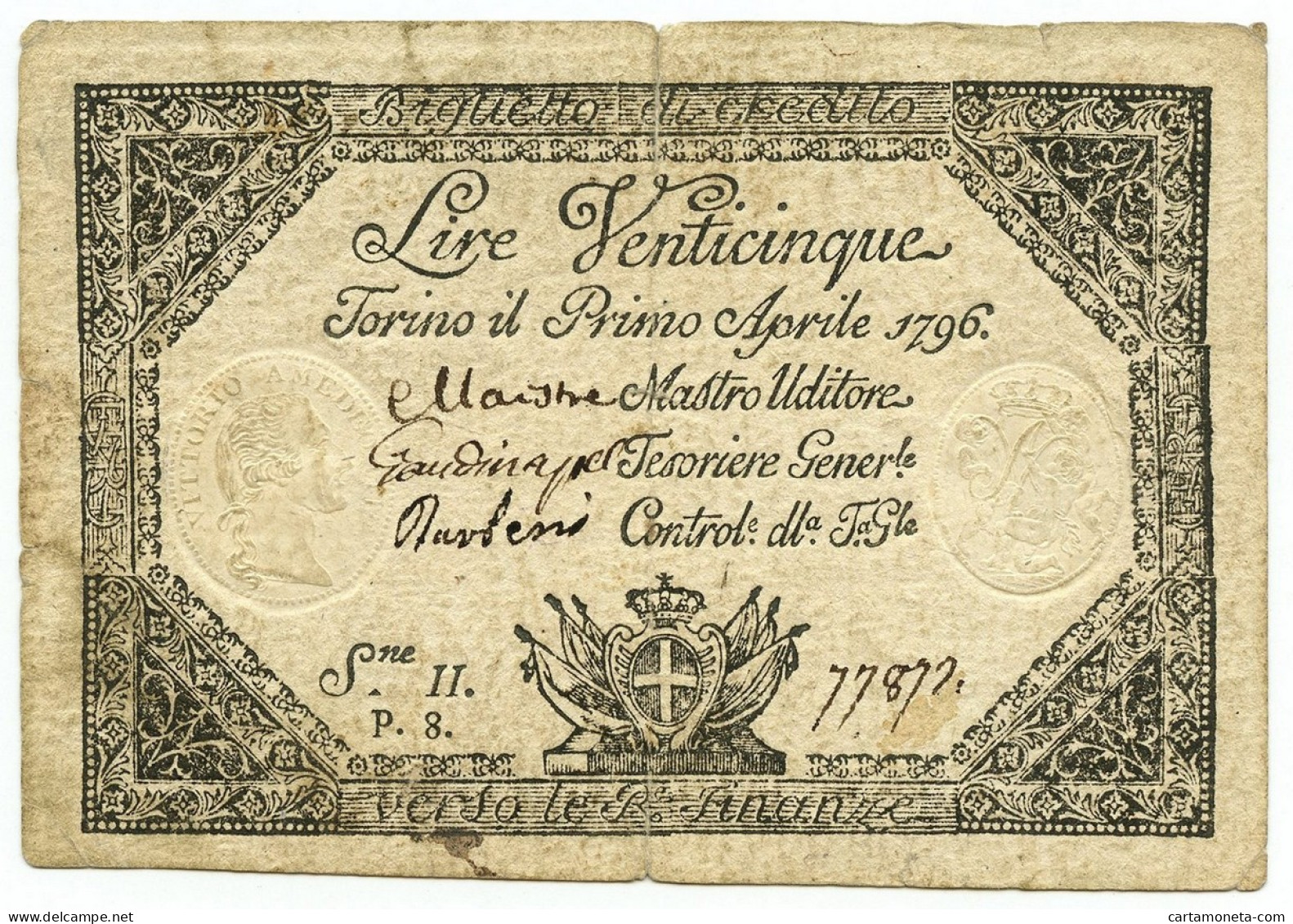 25 LIRE REGIE FINANZE TORINO REGNO DI SARDEGNA 01/04/1796 QBB - Sonstige & Ohne Zuordnung