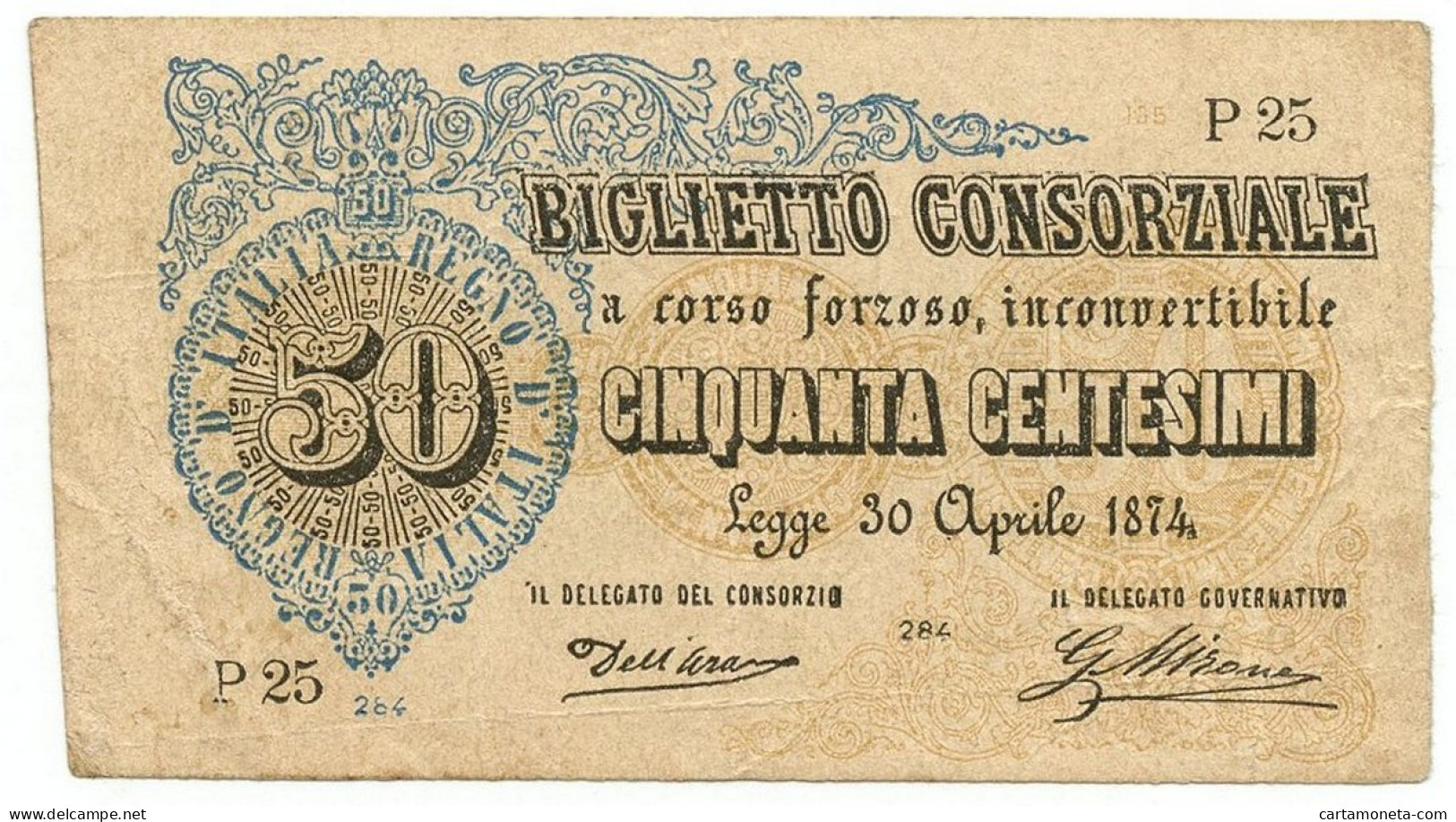 50 CENTESIMI BIGLIETTO CONSORZIALE REGNO D'ITALIA 30/04/1874 BB/BB+ - Biglietti Consorziale