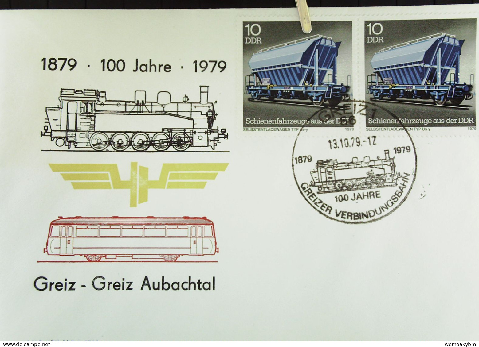 Briefumschlag Mit SoSt. "100 Jahre Greizer Verbindungsbahn" GREIZ-AUBACHTAL Vom 13.10.1979 Mit MeF 10 Pf Us-y Knr: 2415 - Machines à Affranchir (EMA)