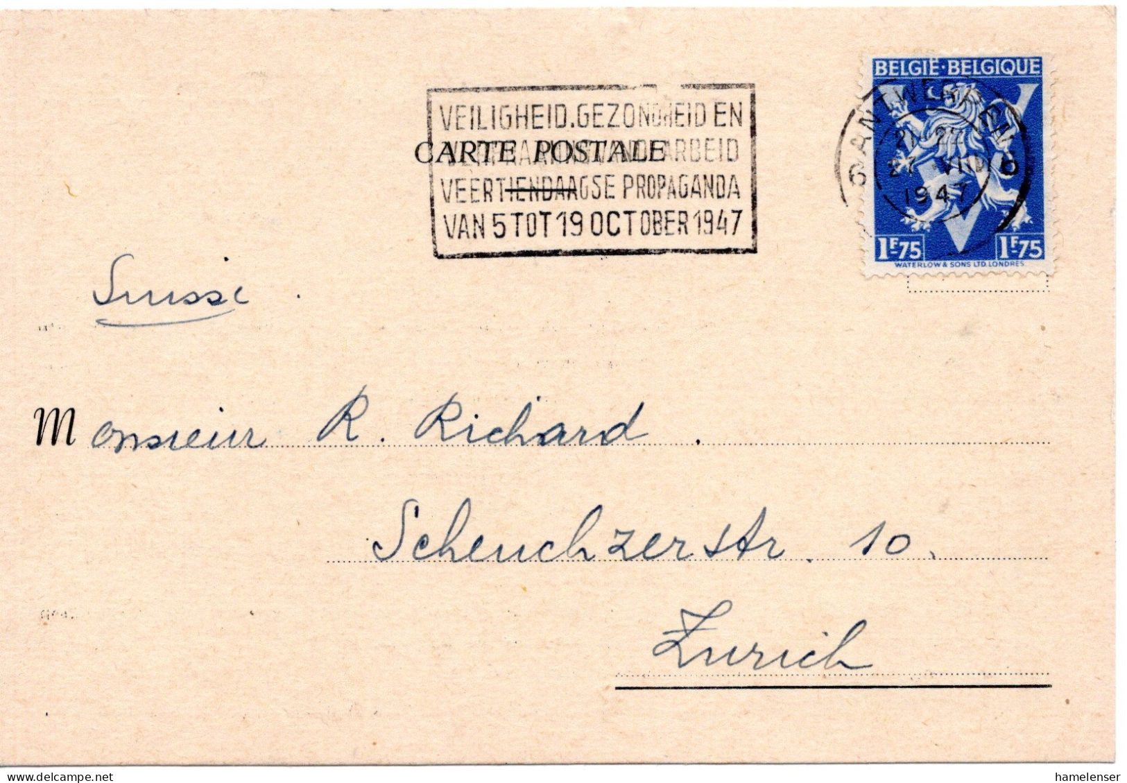 74238 - Belgien - 1947 - 1,75F Victory EF A Kte ANTWERPEN - ... -> Schweiz - Covers & Documents