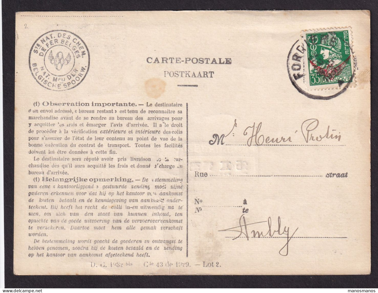 DDFF 674 - Carte De Service Des Chemins De Fer TP S 17 Mercure FORRIERES 1936 - Verso Cachet De La Gare - Lettres & Documents