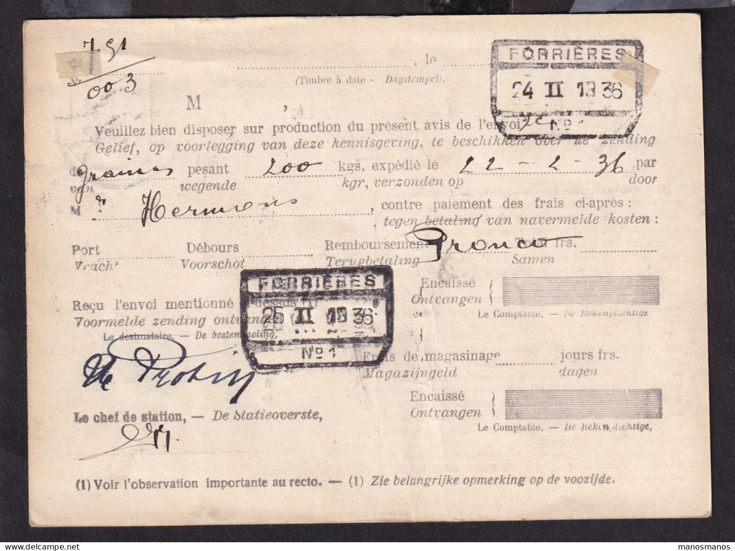 DDFF 674 - Carte De Service Des Chemins De Fer TP S 17 Mercure FORRIERES 1936 - Verso Cachet De La Gare - Lettres & Documents