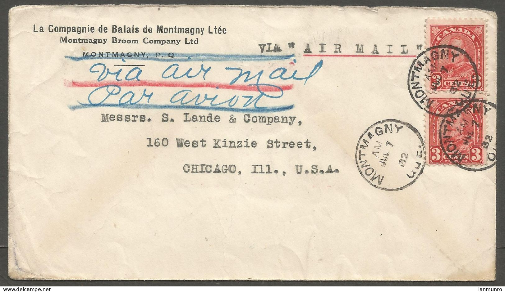 1932 Broom - Balais Company Corner Card Cover 6c Arch CDS Montmagny Quebec Airmail To USA - Postal History