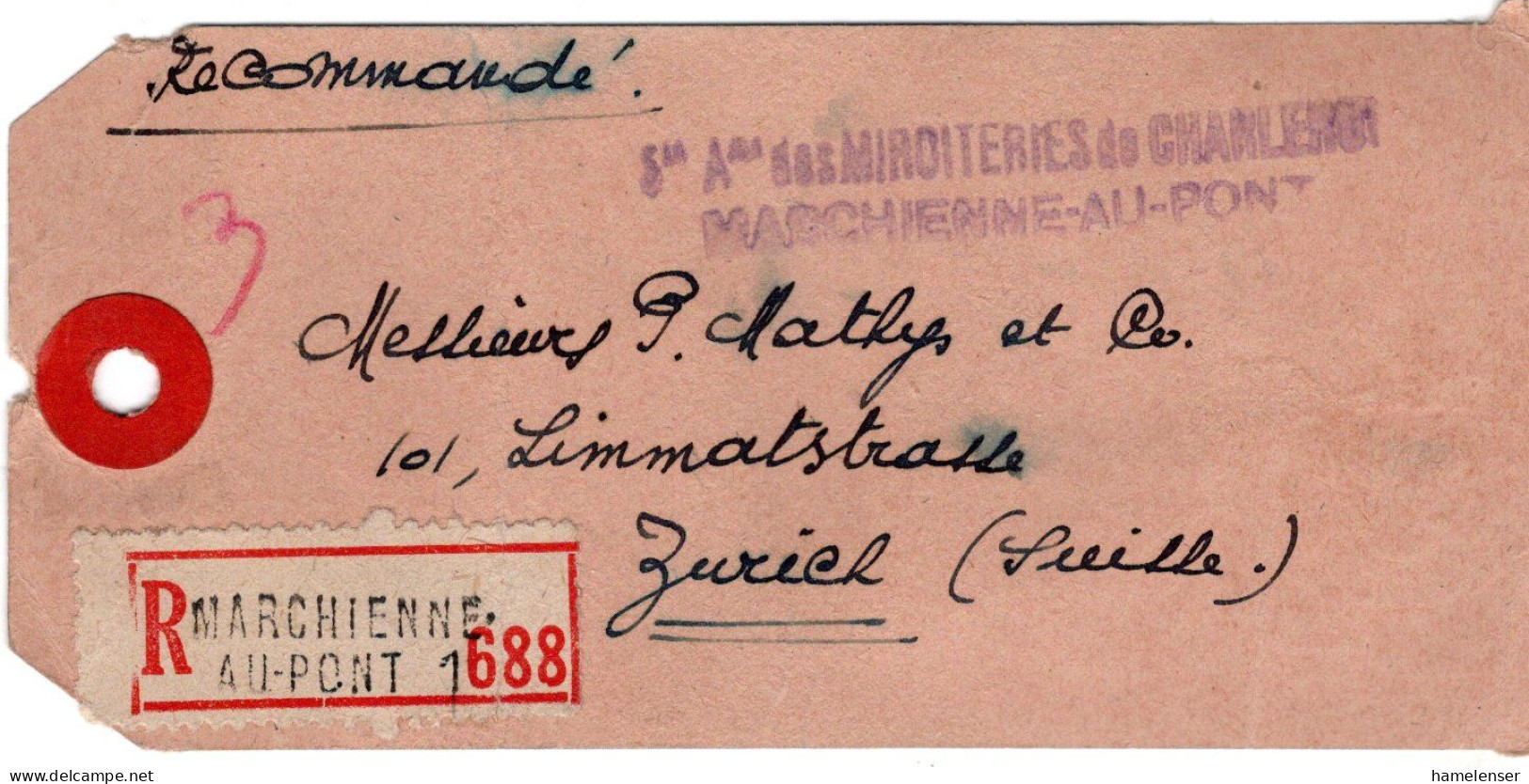 74248 - Belgien - 1947 - 5F -10% MiF A R-PaketAnhaenger MARCHIENNE-AU-PONT -> Schweiz - Covers & Documents