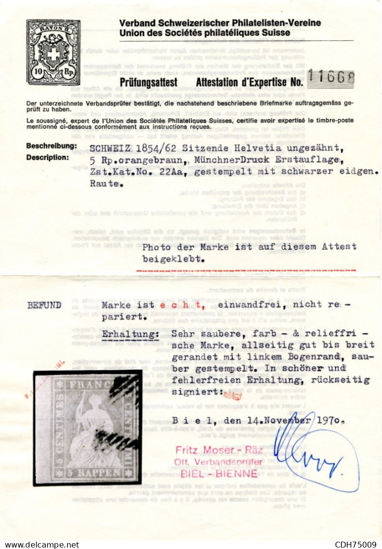 SUISSE - Z 22Aa 5 RAPPEN GRIS BRUN ORANGE HELVETIA ASSISE - OBLITERE - CERTIFICAT F. MOSER-RAZ - Used Stamps