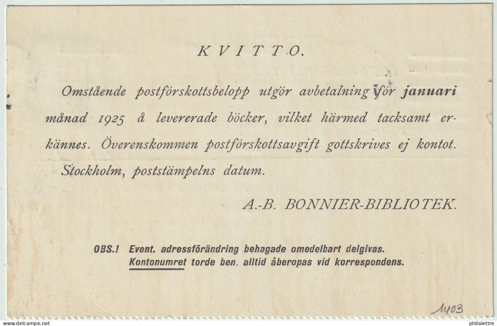 SUÈDE / SWEDEN 1925 (Jan 4) Facit.185 30ö Blue On Cash On Delivery (COD) Card From Stockholm To LIDINGÖ VILLASTAD - Lettres & Documents