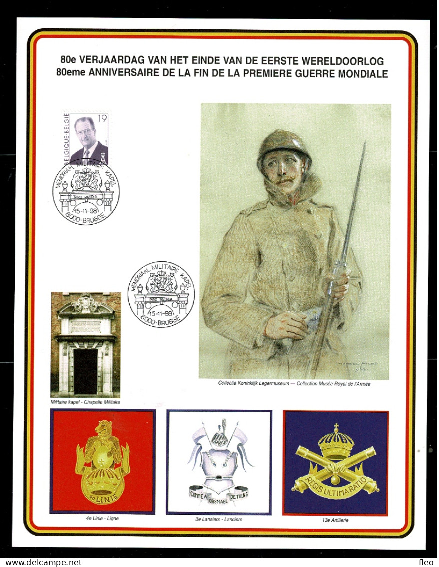 1998 1918-1998 MOOIE MILITAIRE HERDENKINGSKAART (A4)  BELLE CARTE COMMÉMORATIVE MILITAIRE DE BELGIQUE (A4)  BELGIUM BEA - Commemorative Documents