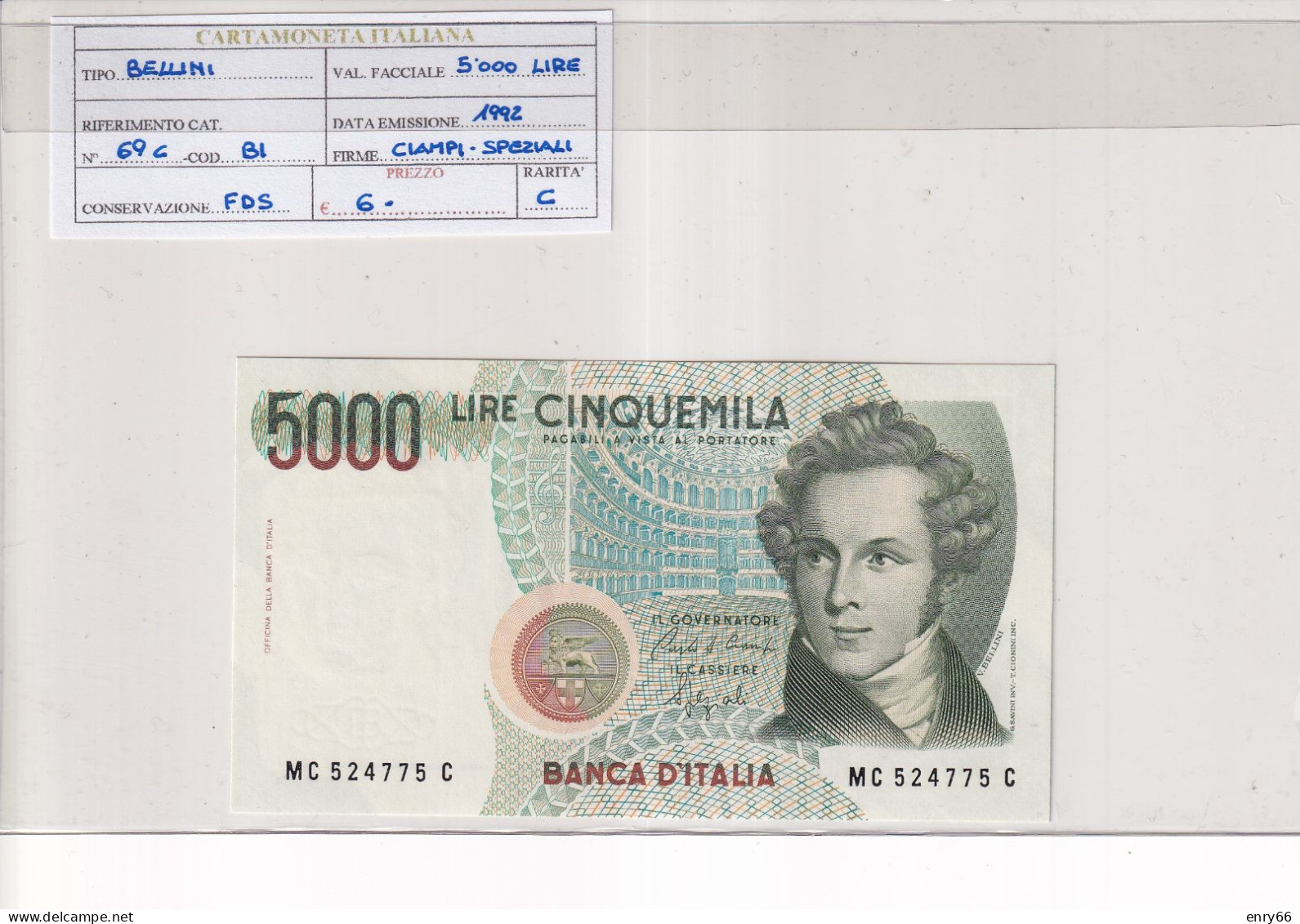 ITALIA  5000 LIRE BELLINI 1992 CAT 69C - 5000 Lire