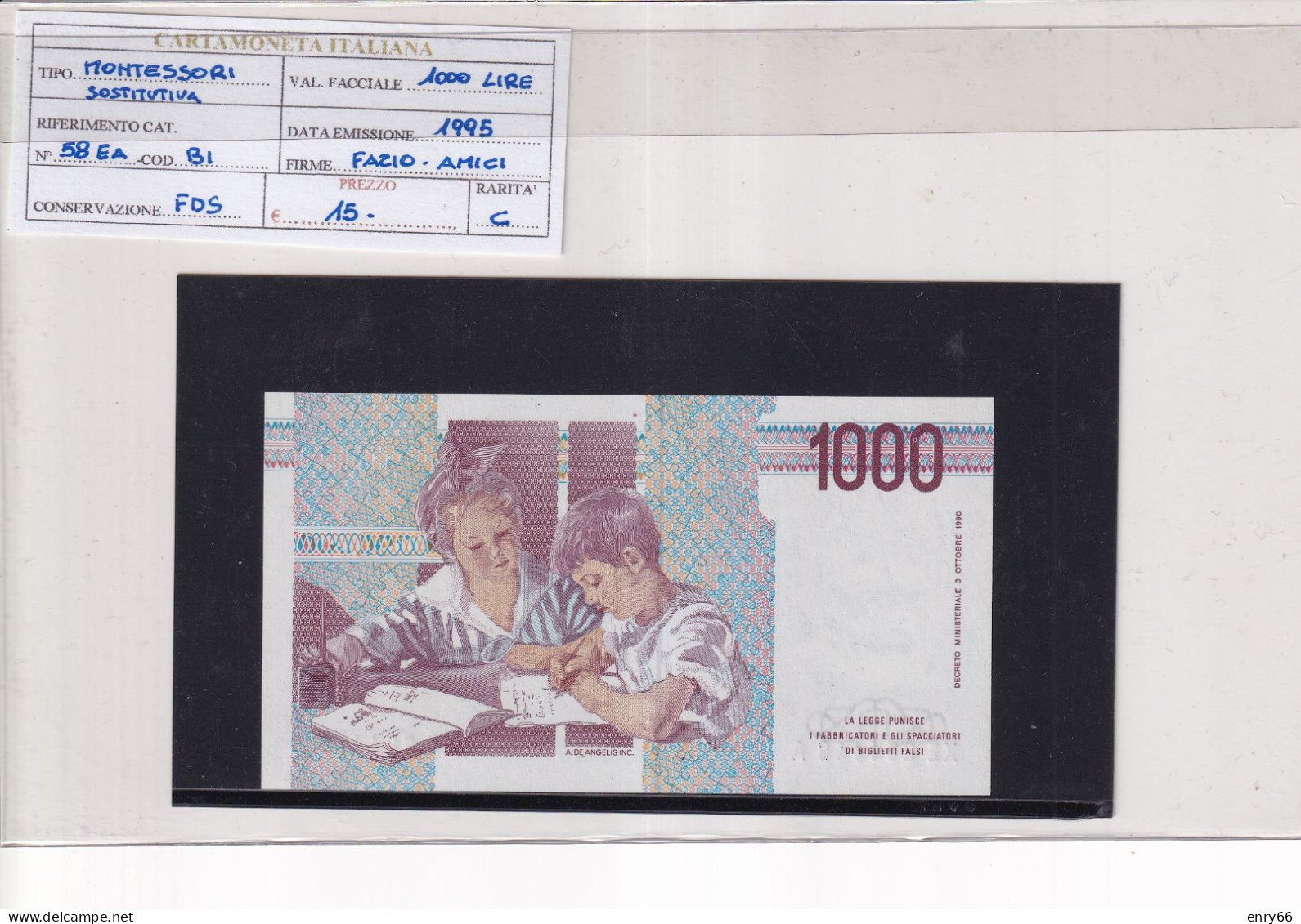 ITALIA  1000 LIRE 1995 CAT 58EA SOSTITUTIVA - 1000 Liras