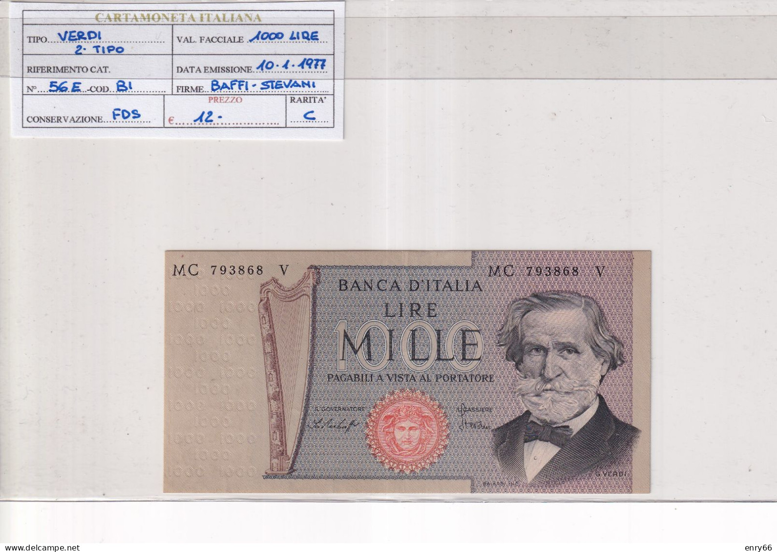 ITALIA  1000 LIRE 10-1-1977 CAT 56E - 1.000 Lire
