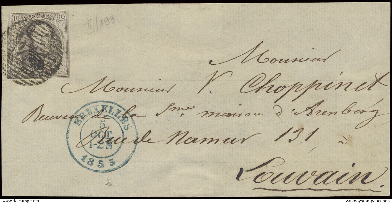 1853 N° 6 10c. Bruin Op Voorzijde Van Brief Van Brussel, Dd. 5/10/1853 Naar P.24-Leuven (18-balkenstempel), Volrandig, P - 1851-1857 Medallones (6/8)