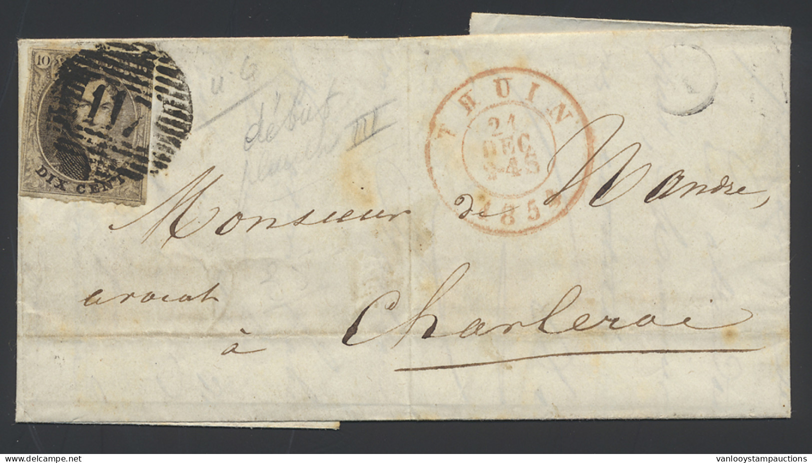 N° 6 10c. Bruin, Op Brief Met Inhoud Dd. 20 December 1854, Vanuit P.117-Thuin, Met Postbus, Waarschijnlijk Y, Mont-St.-G - 1851-1857 Medaillen (6/8)