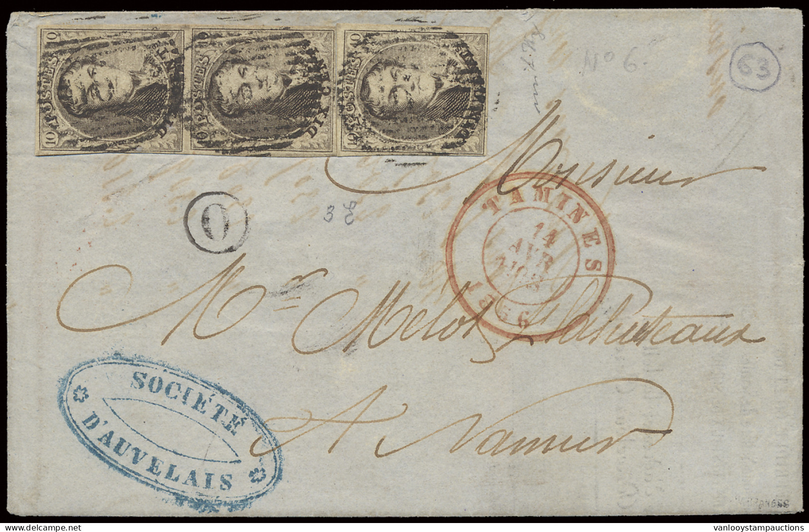 1856 N° 6 10c. Bruin Op Brief Met P.162-Tamines, Met Inhoud, 1 Rechtopstaand Paar En 1 Enkele Zegel Met Postbusstempel O - 1851-1857 Medallones (6/8)