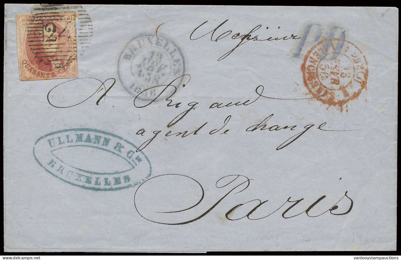 1856 N° 8 40c. Karmijn, P.24 Brussel, Volrandig Maar Kort, Op Brief Zonder Inhoud, Dd. 13 Februari 1856, Naar Parijs, PD - 1851-1857 Medallones (6/8)