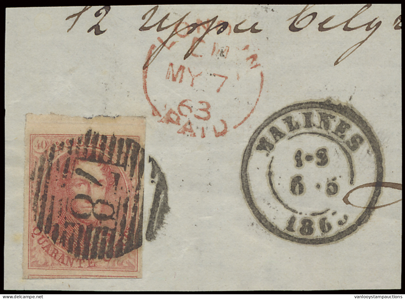 1863 N° 12 40c. Vermiljoen Op Fragment Vanuit Malines Naar Londen (aankomststempel Op Voorzijde), Volrandig Met Bovenbla - 1858-1862 Medallions (9/12)