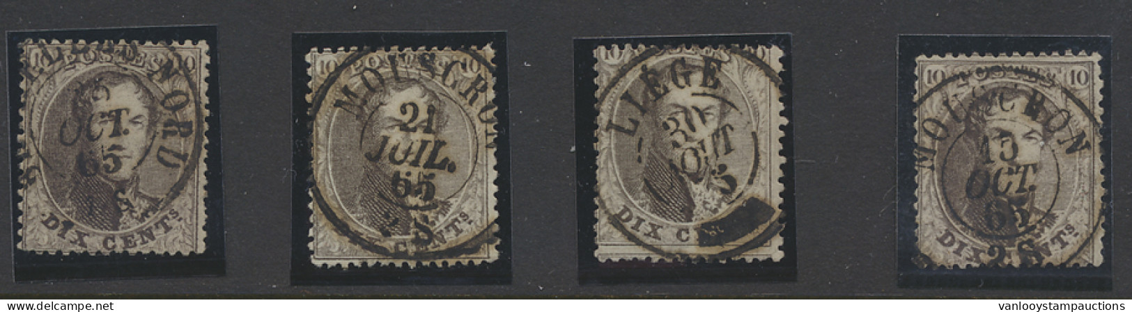 N° 14B 10c. Bruin, Tanding 14 1/2 D.C.a Bruxelles-Nord, Mouscron (2x) En Liège (laattijdig Gebruik), Zm - 1863-1864 Medallions (13/16)