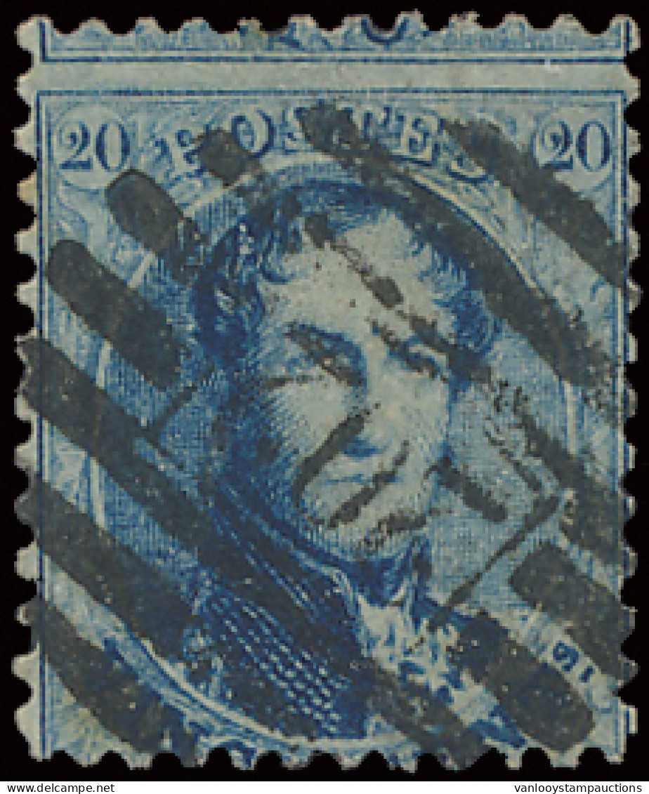 N° 15 20c. Blauw, Tanding 12 1/2, P.202-Fléron (8-balkenstempel), Zm (COBA €25) - 1863-1864 Medallones (13/16)