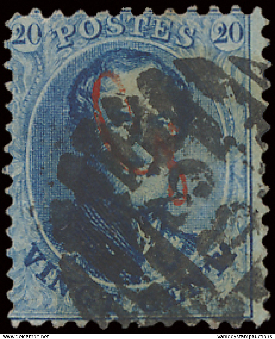 N° 15A 20c. Blauw, P.83 (8-balkenstempel) Met Guillochin Opdruk (zm), Zm (OBP €380) - 1863-1864 Medallions (13/16)