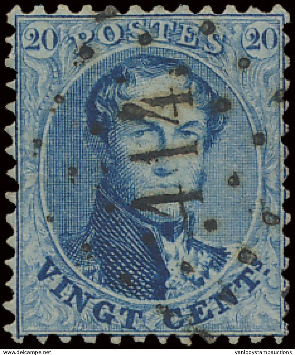 N° 15A 20c. Blauw, Tanding 12 1/2 X 13 1/2 Met Puntstempel 414 Bruxelles (Rue De La Loi), Staat Als ? In COBA, Laattijdi - 1863-1864 Medallones (13/16)