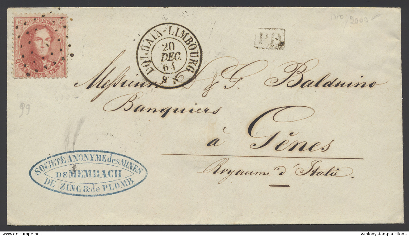 N° 16 40c. Rood Op Brief Vanuit Dolhain-Limbourg, Puntstempel Niet Leesbaar Naar Gênes In Italië, Zm (COBA +€100) - 1863-1864 Medallions (13/16)