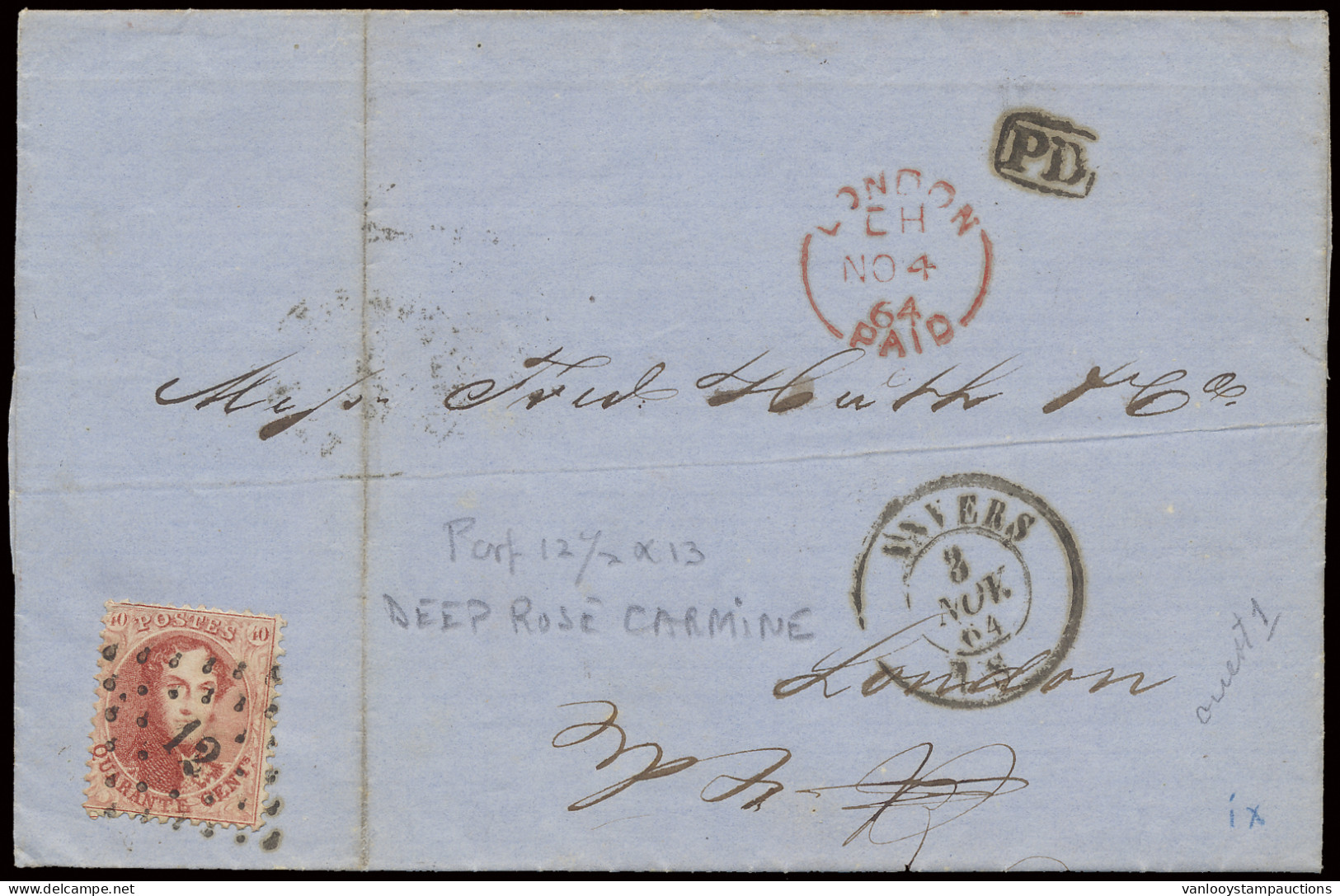 1864 N° 16B 40c. Karmijnroze Van Anvers Dd. 3/11/1864 Naar Londen, Aankomststempel Op Voorzijde, Achterkant Stempel Angl - 1863-1864 Medaillen (13/16)