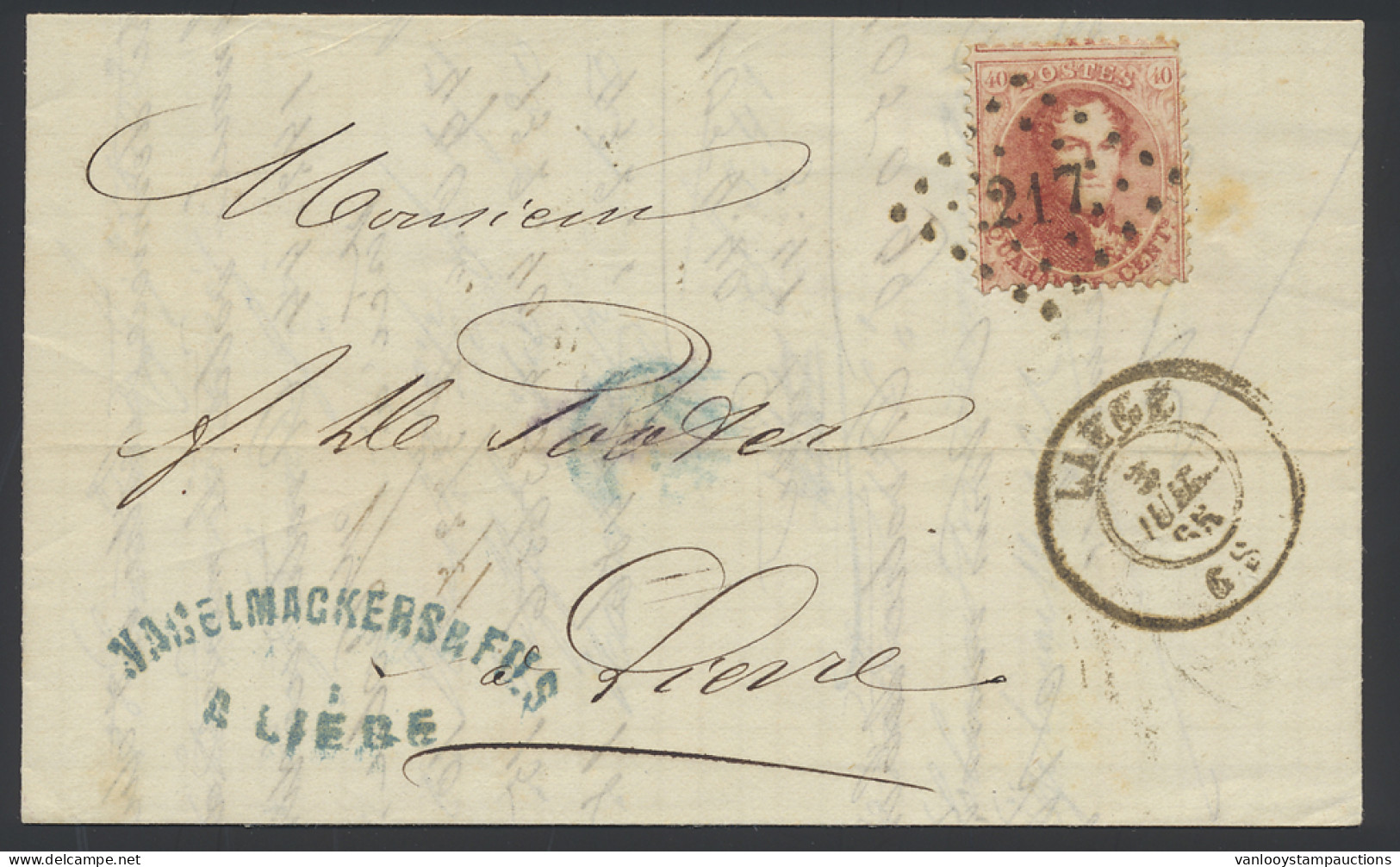 1865 N° 16 40c. Karmijnroze Op Brief, Puntstempel 217 Liège, Dd. 3 Juli 65, Naar Lierre, Dubbele Port Binnenland (geen G - 1863-1864 Medallions (13/16)