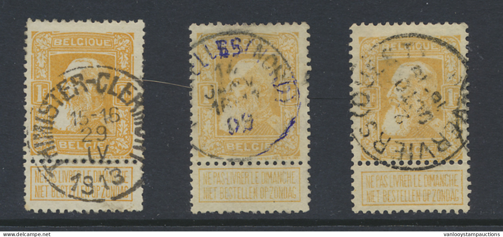 N° 79 1fr. Oranjegeel, 3 Exemplaren, W.o. Thimister-Clermont, Zm - 1905 Breiter Bart