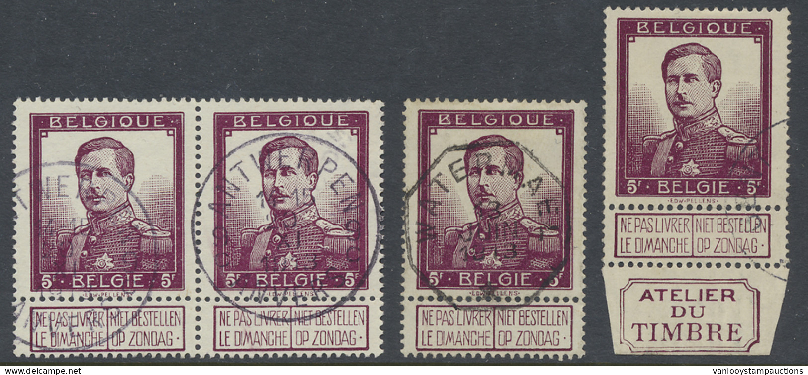 N° 122 5fr. Wijnrood (4x), Waarbij 1 Paar Met Stempel Antwerpen 9, 1x Met Telegraafstempel Watermael En 1x Met Atelier D - 1912 Pellens