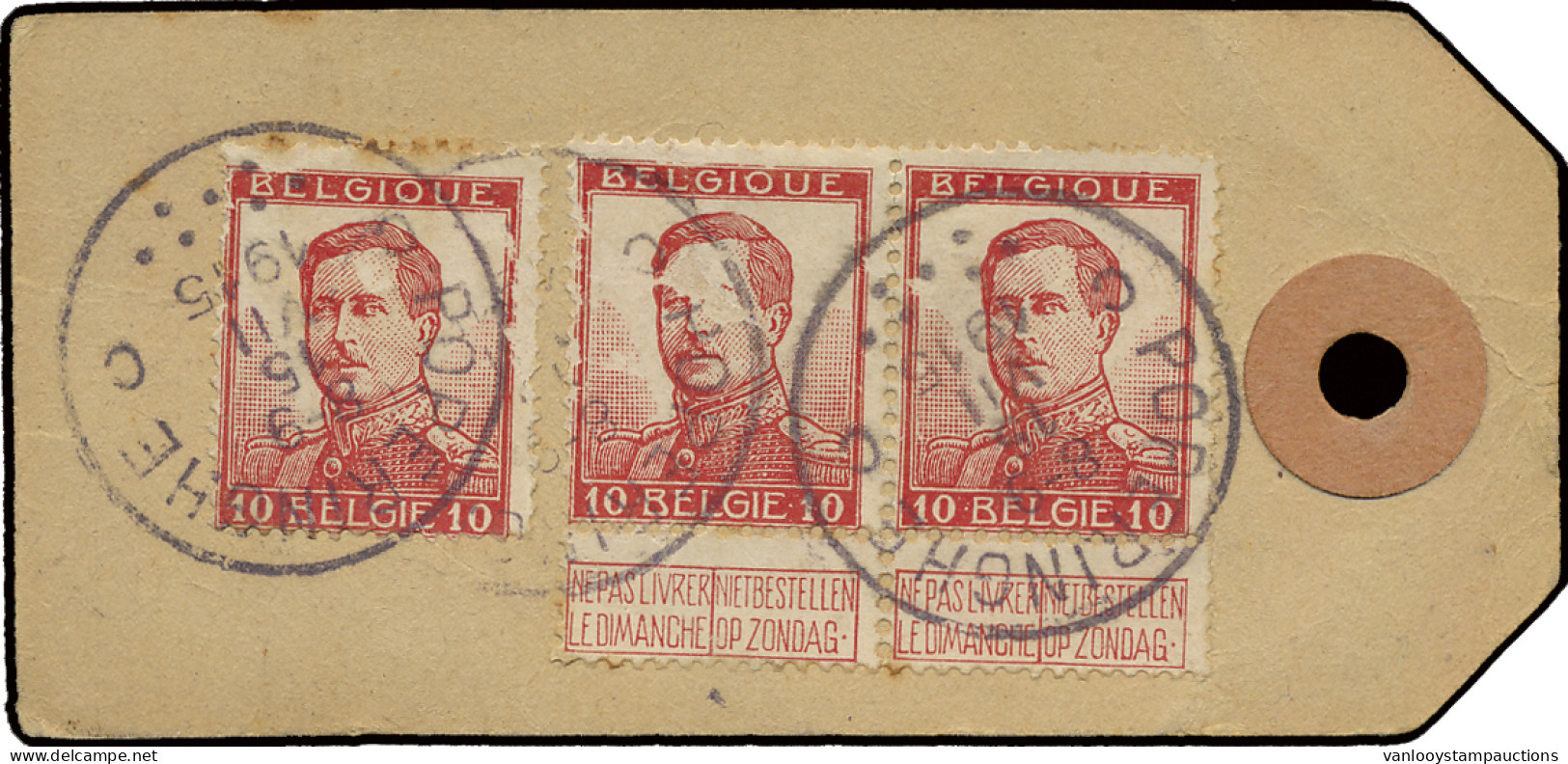 1915, N° 123 10c. Rood, (in Paar En 1 Los), Afstempeling T4R 13 C Poperinghe C, Dd. 15 VII 1915, Etiket Echantillon De C - 1912 Pellens