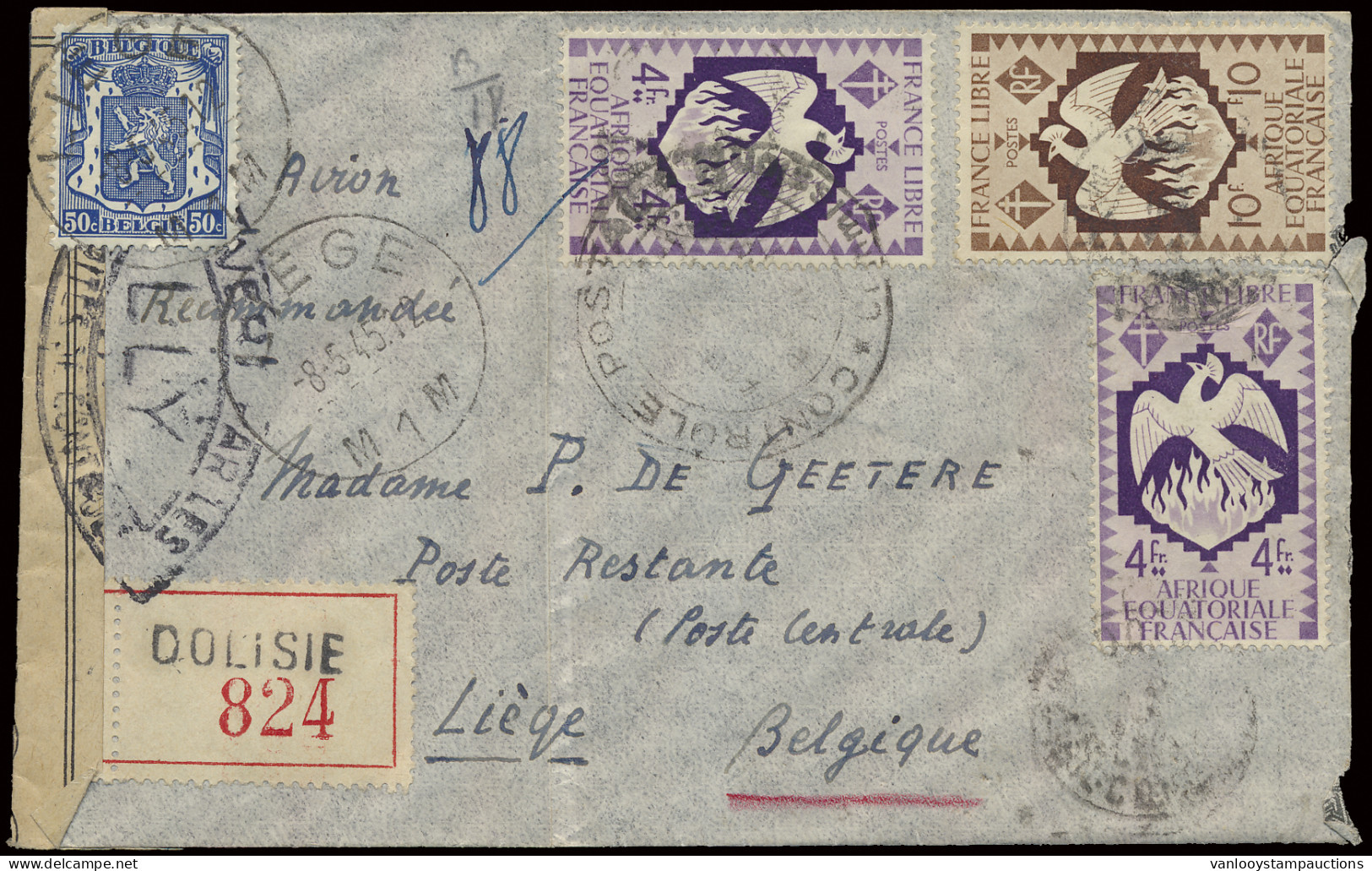 1945 Aangetekende Zending, Vanuit Dolisie, Zegels Van Afrique Equatorialle Francaise Met 18 Frank, Afstempeling Dolisie  - 1935-1949 Sellos Pequeños Del Estado