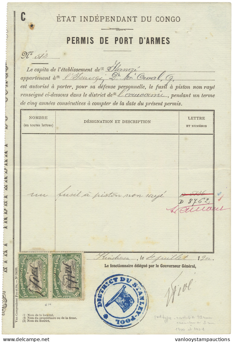 1900, Weapons License Form Type C (only For Capita De Plantation), Done In Kinshasa July 4, 1900 With Flag Cachet Distri - Otros & Sin Clasificación