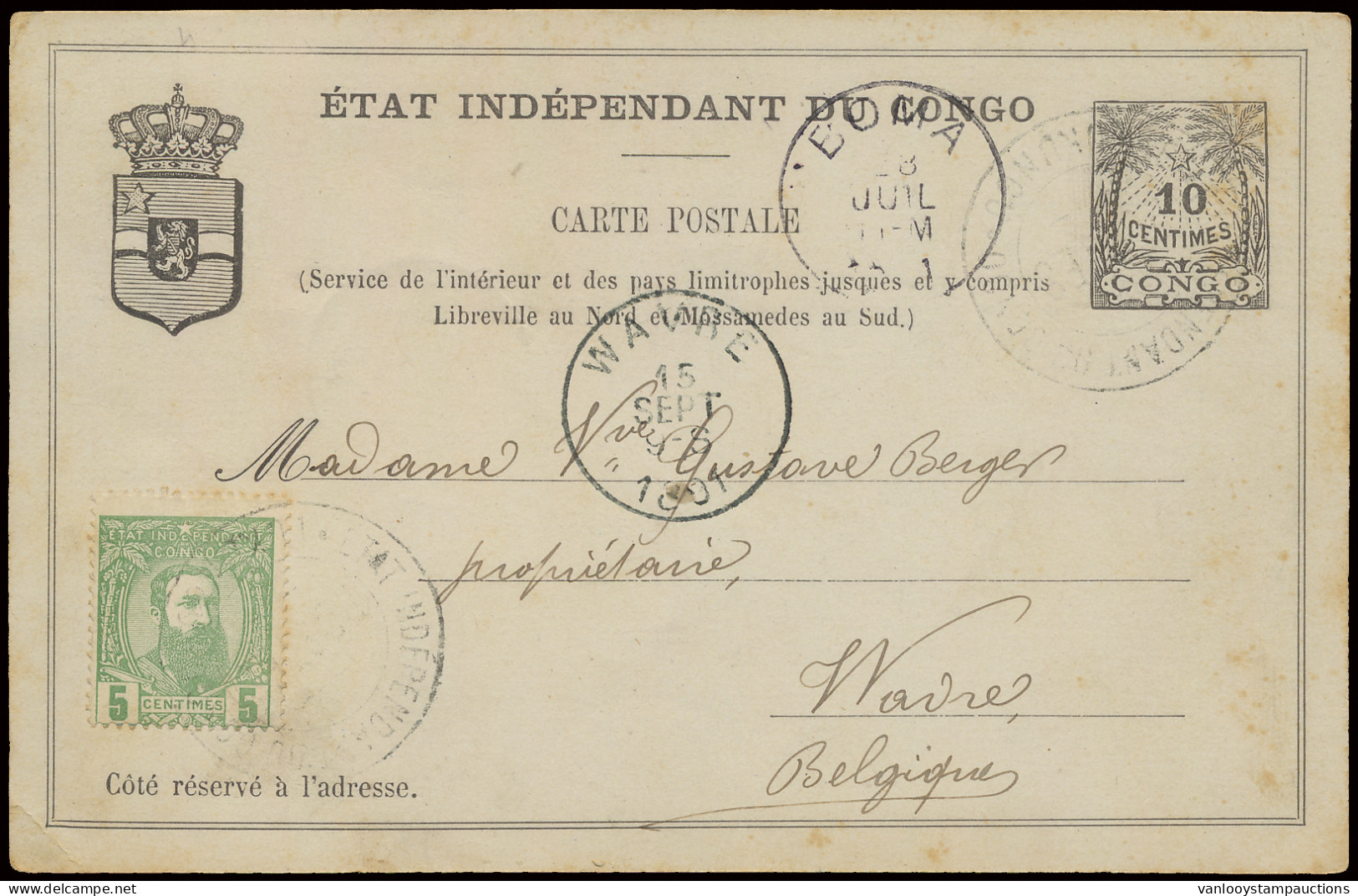 1891 Postal Stationery Catalogue Stibbe N° 4 With Additional Franking OBP N° 6 5c. Yellow-green - Leopold II Second Issu - Enteros Postales