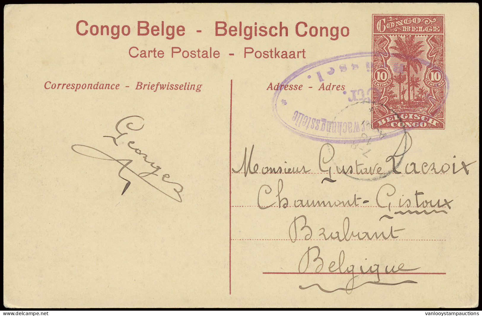 1914 Postal Stationery Catalogue Stibbe N° 43 With View 57, Sent From Belgian Congo August 18, 1914 To Chaumont-Gistoux  - Enteros Postales