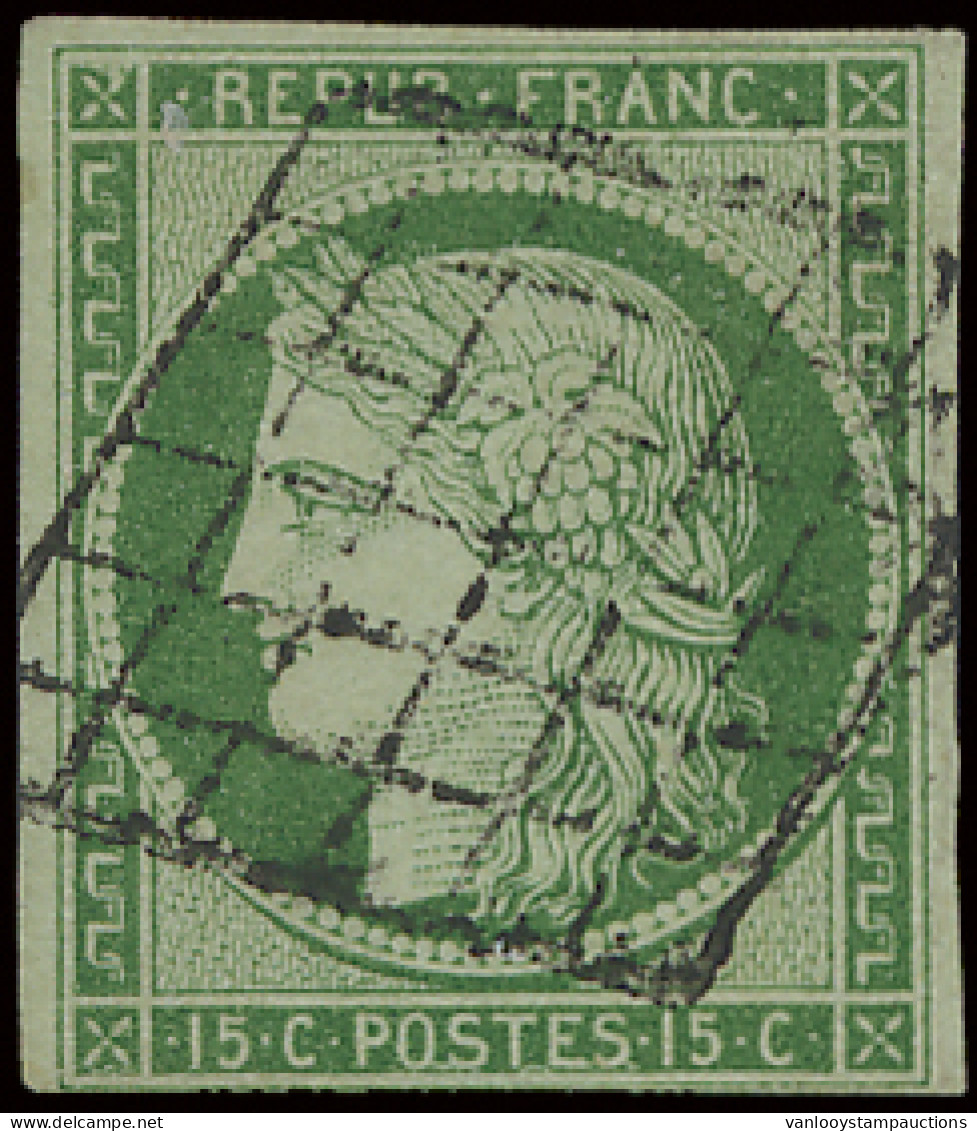 N° 2 (Yv.) 15c. Vert, Onderaan Nipt Volrandig, Met Stempel Grille, Gekeurd Pfenninger + Certificaat Echophil, Zm (Yv. €1 - 1849-1850 Ceres