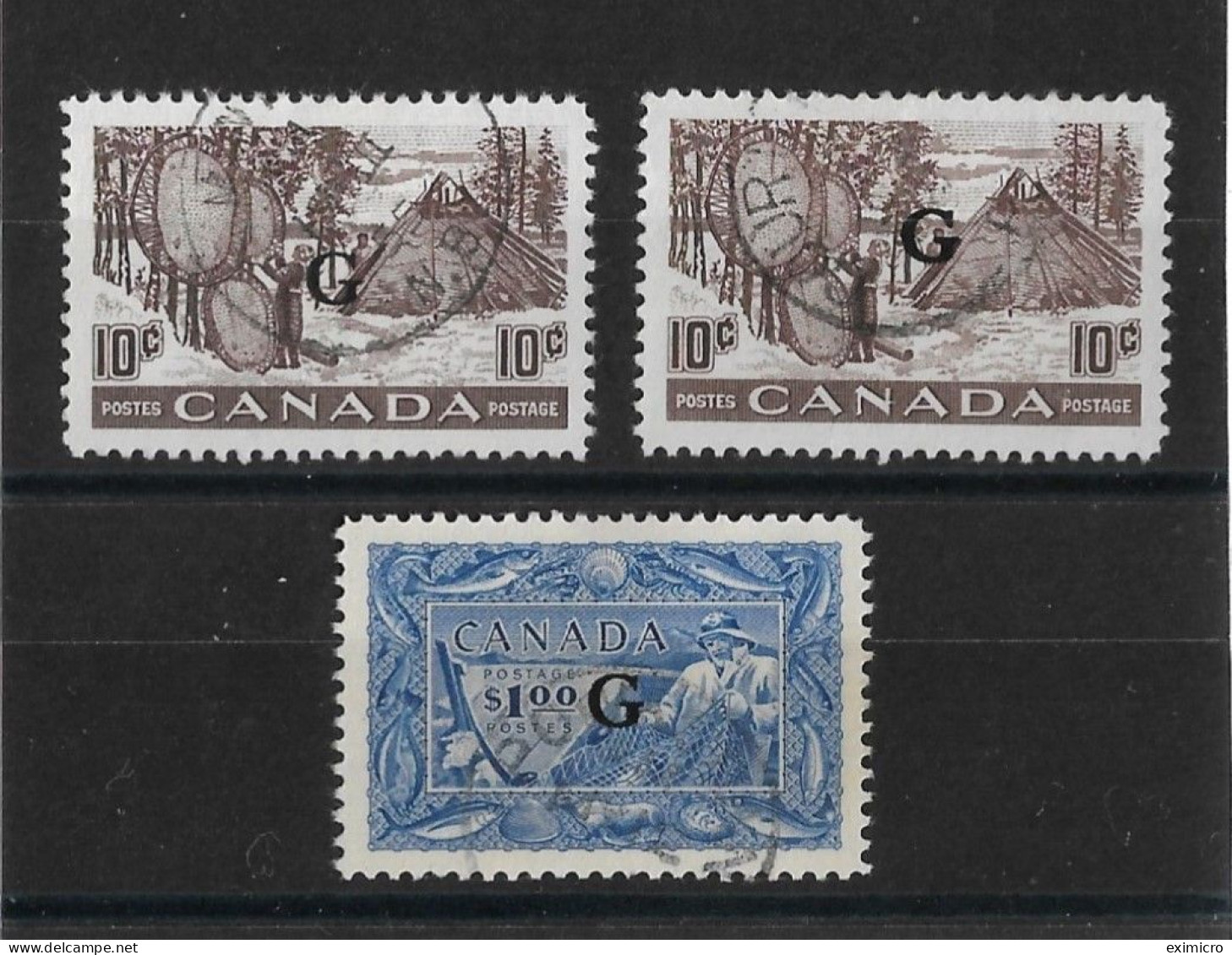 CANADA 1950 - 1951 OFFICIALS 'G' OVERPRINT SET + AN EXTRA 10c COLOUR SHADE SG O191 X 2, O192 FINE USED Cat £92 - Surchargés