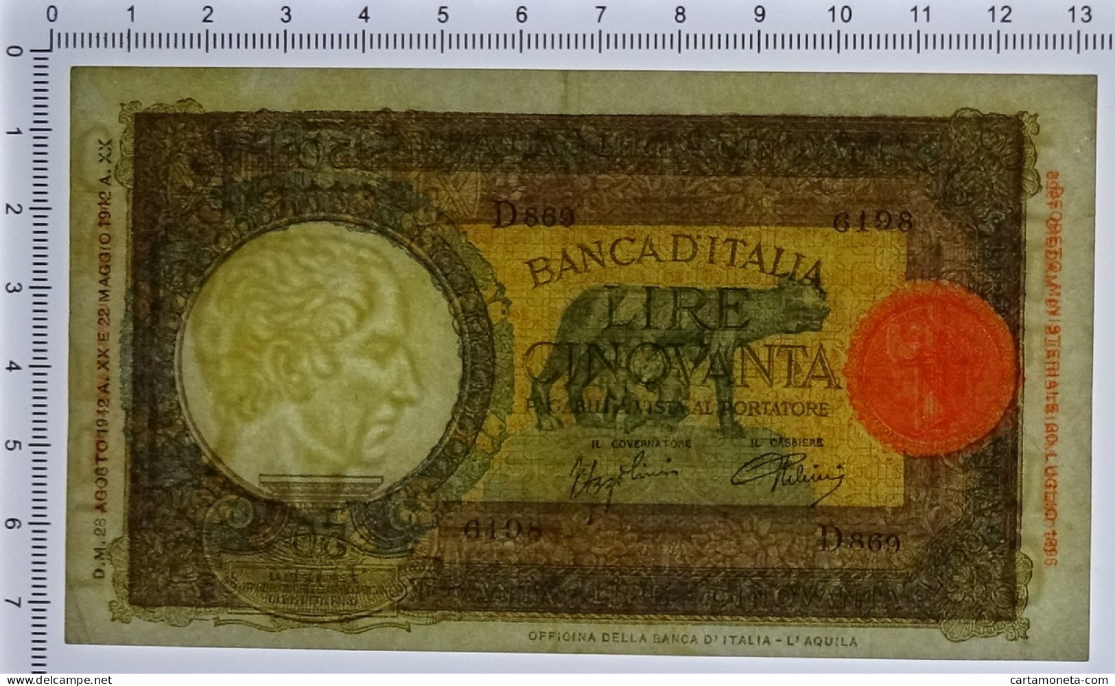 50 LIRE CAPRANESI LUPA CAPITOLINA M. STRETTO FASCIO L'AQUILA 28/08/1942 BB/SPL - Regno D'Italia – Autres