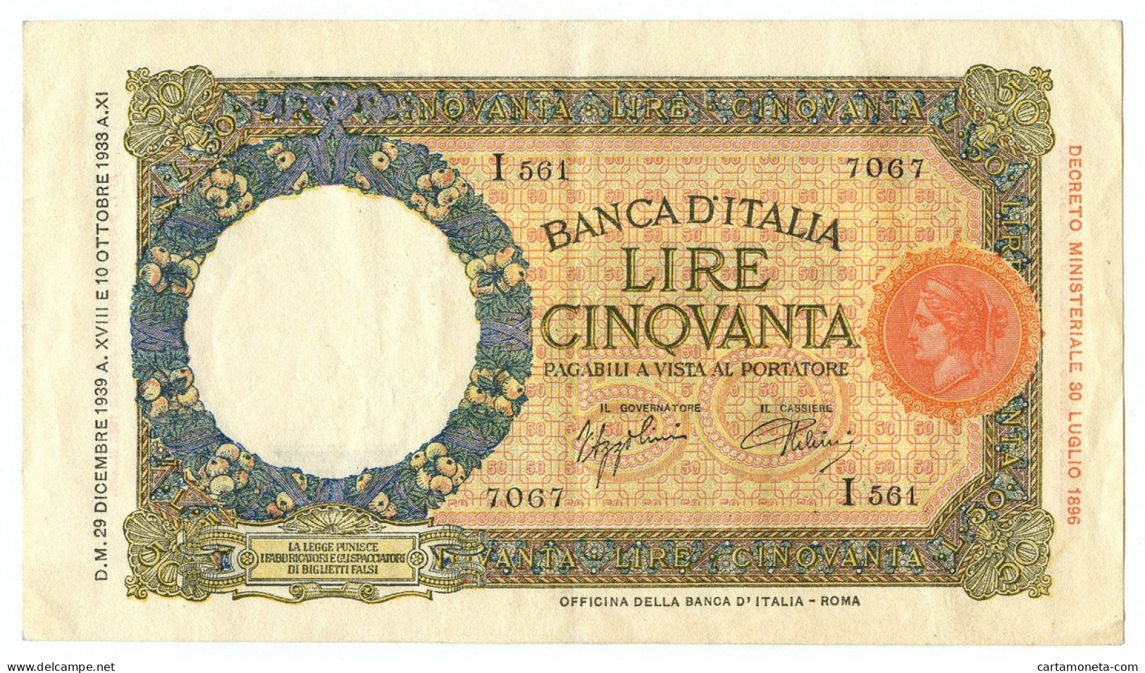 50 LIRE CAPRANESI LUPA CAPITOLINA MARGINE LARGO FASCIO ROMA 29/12/1939 BB/SPL - Sonstige