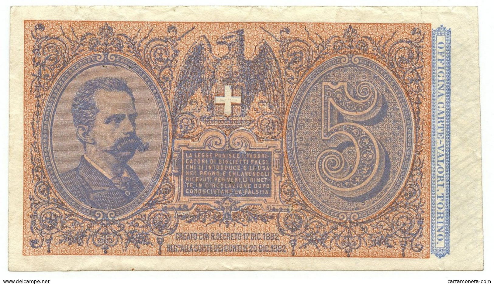 5 LIRE BIGLIETTO DI STATO EFFIGE UMBERTO I 06/08/1889 BB/SPL - Regno D'Italia - Altri